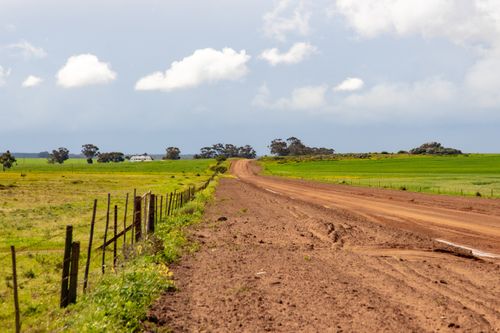 Free Scenic view of a dirt road through green farmland in rural South Africa. Stock Photo