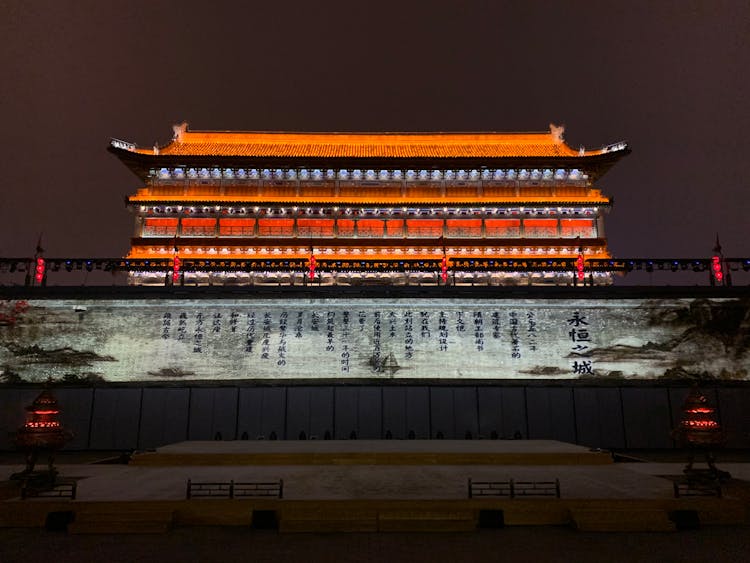 Illuminated Chinese Monastery At Night 