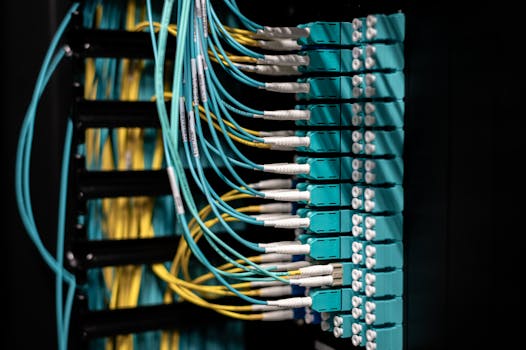 Closeup of switch in server with connectors and adapters connected to plastic device in dark room on blurred background inside