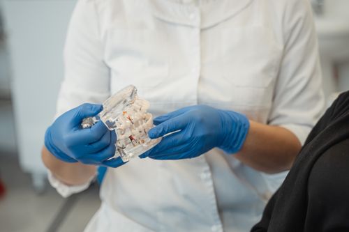 Free A dentist wearing gloves demonstrates a dental model in a clinical setting. Stock Photo