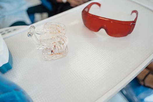 白色牙托上牙科石膏与红色防护眼镜的特写
