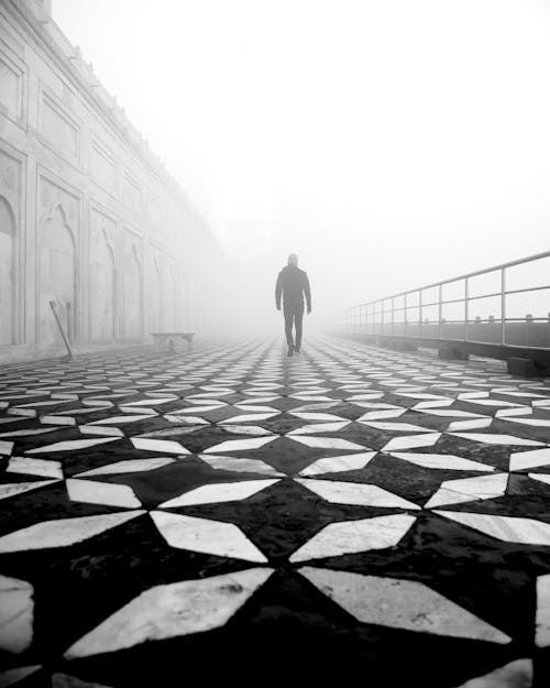 Grayscale Photo of Person Walking on Pathway