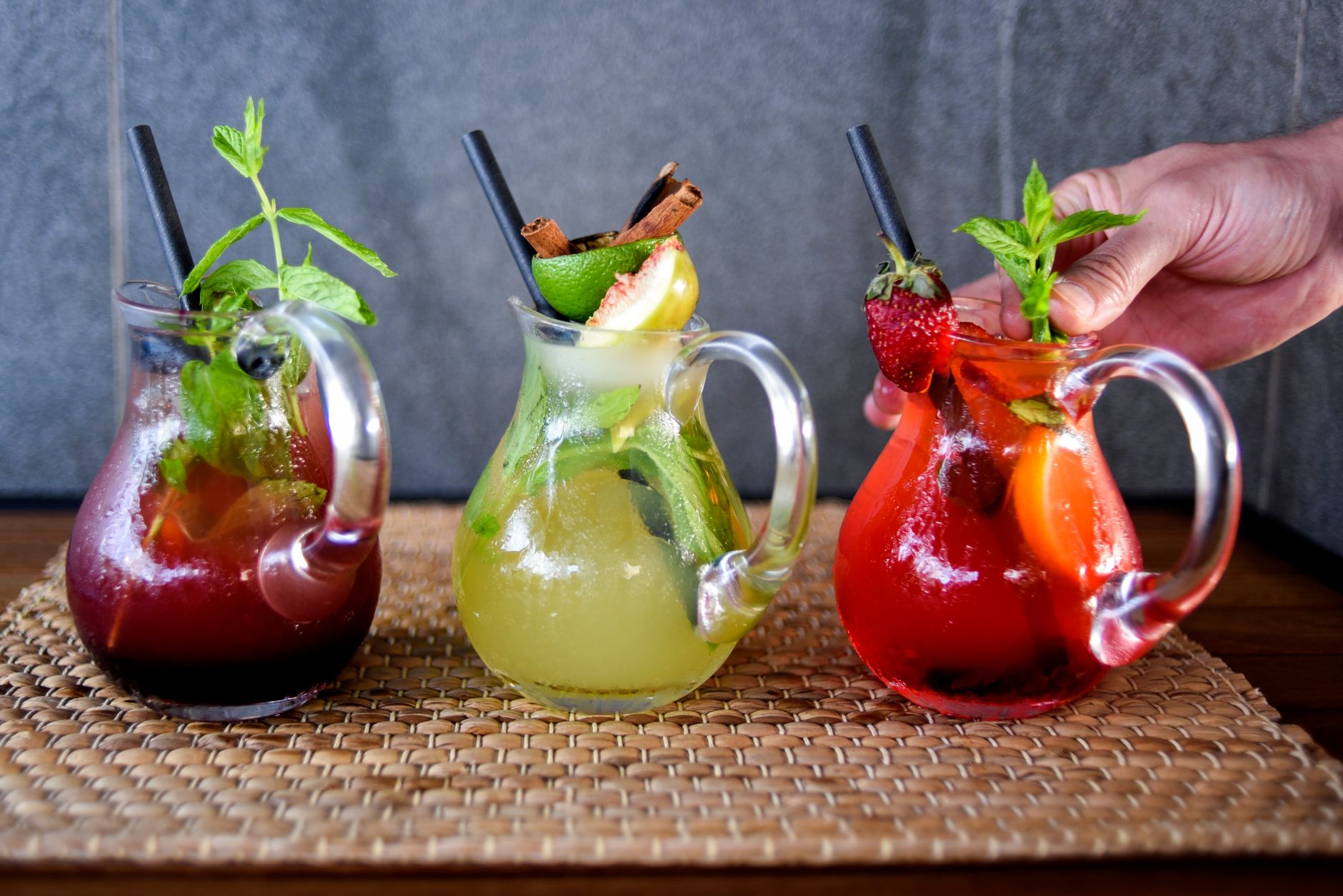 Variety of bottled sangrias lined up for tasting
