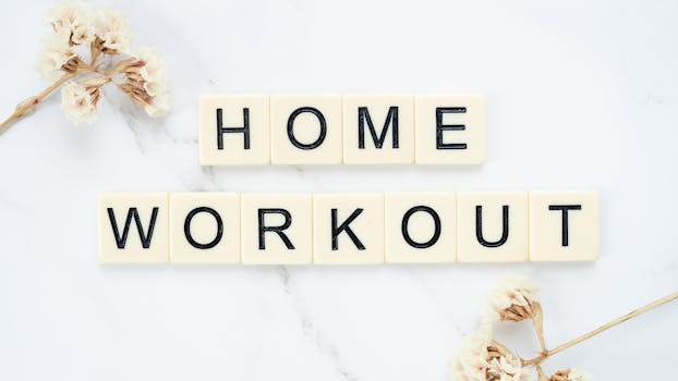 Stylish letter tiles spelling 'Home Workout' on a clean marble background with floral accents.