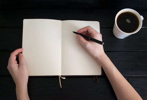 Empty notebook with a pen and coffee cup, perfect for writing inspiration concepts.