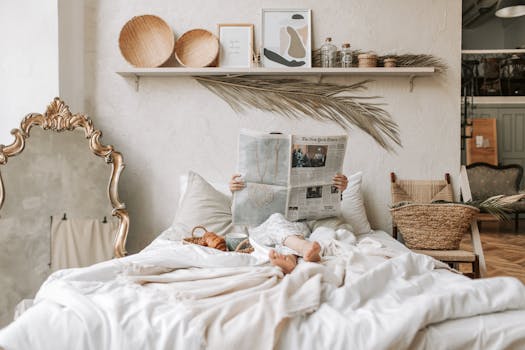 Person enjoying a relaxed morning in a chic bedroom with a newspaper.