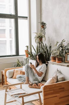 Young woman relaxing with a tablet in a stylish, plant-filled living room setting.