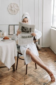 Woman in bathrobe reading a newspaper at breakfast in a cozy indoor setting.