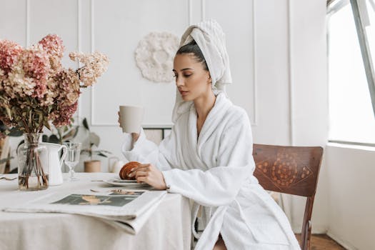 Woman in bathrobe enjoying coffee and croissant by the window, creating a serene morning atmosphere.