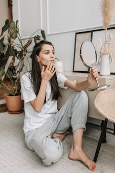 Woman sitting indoors applying makeup with a handheld mirror, surrounded by plants and decor.
