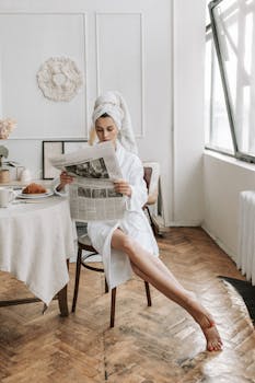 Woman in bathrobe reads newspaper at breakfast table in stylish room, enjoying a morning routine.