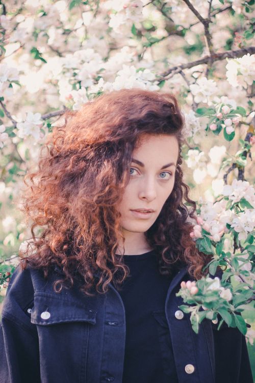 Free A woman with curly hair stands amid cherry blossoms, capturing the essence of spring. Stock Photo