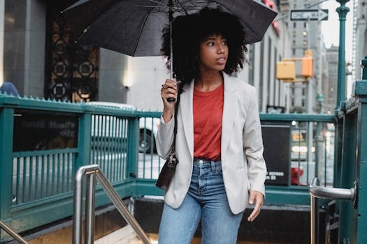 Woman walking on city street holding an umbrella, stylish attire.
