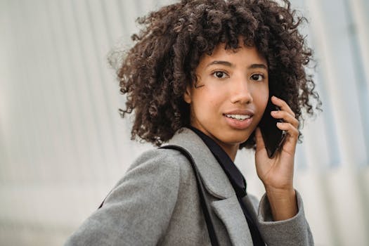 Confident woman in gray coat using smartphone in urban setting.