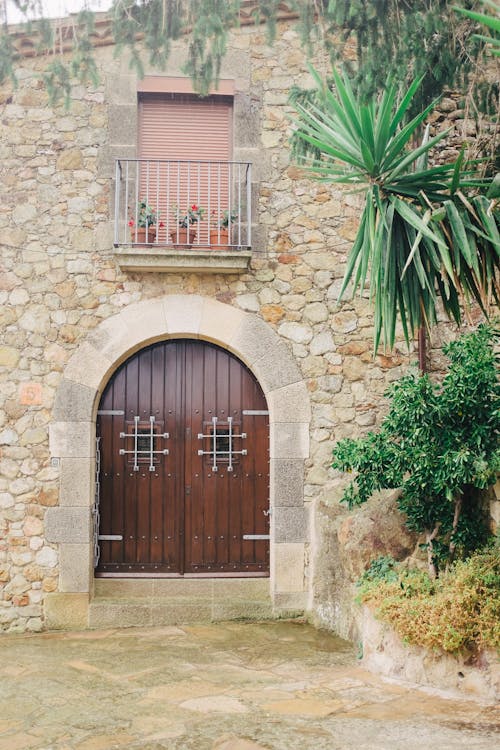 Photograph of a Brown Wooden Door Near Green Plants
