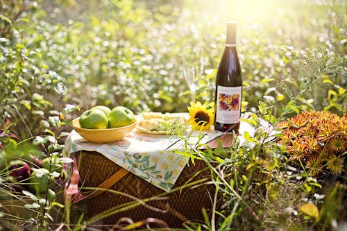 Bottle of Wine and Apples on Picnic Basket
