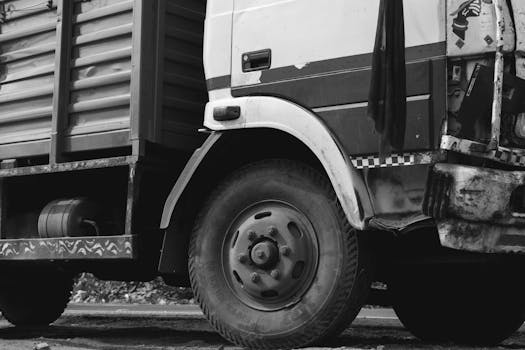 Monochrome close-up of a rugged industrial truck wheel and body detail.