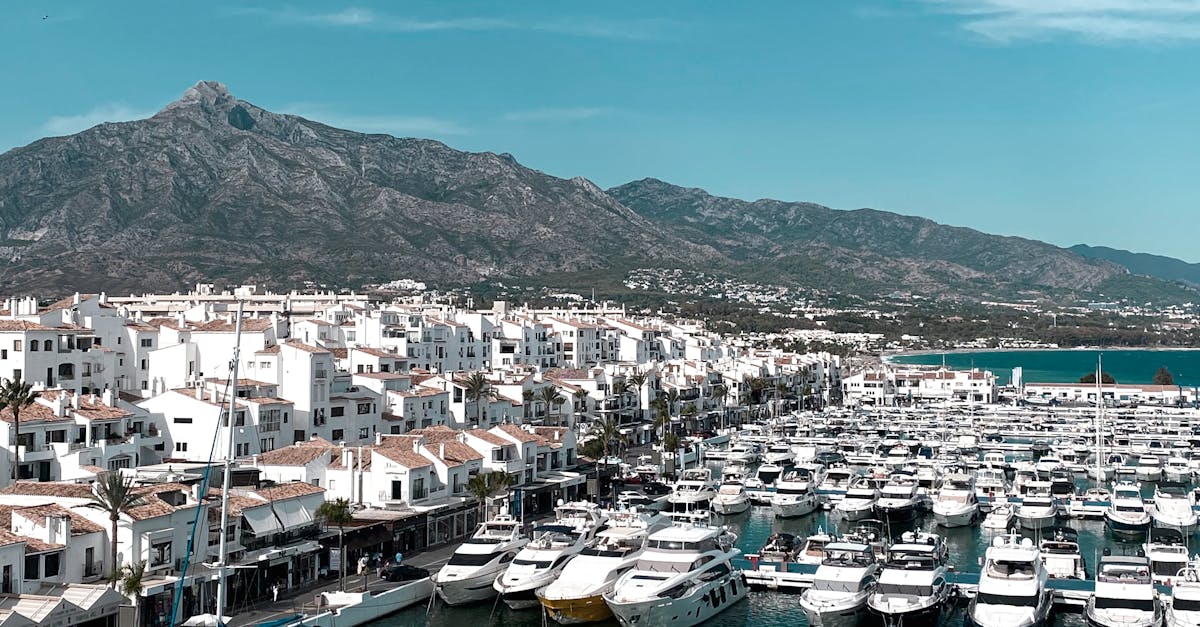 Aerial view of Marbella marina with many yachts and a picturesque mountain backdrop.