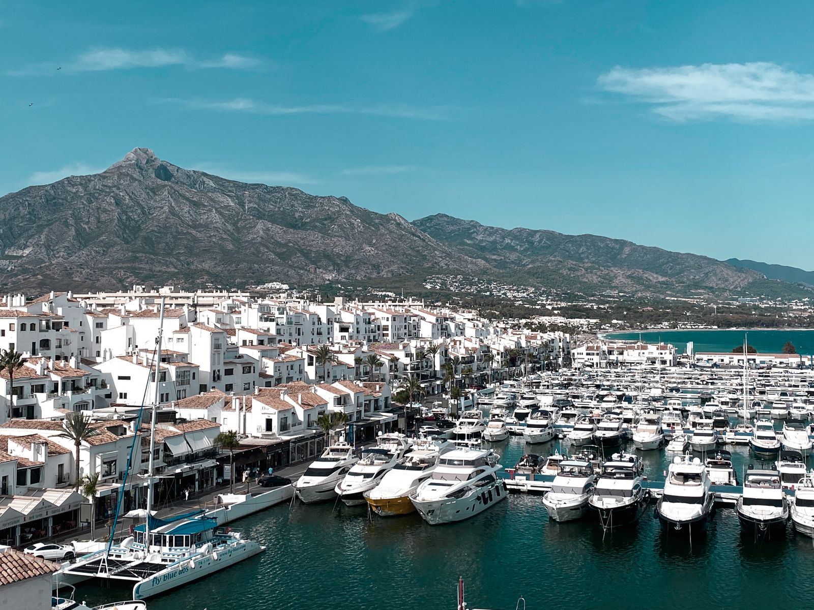 Aerial view of Marbella marina full of yachts