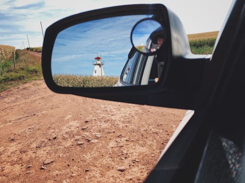 Free stock photo of farm, lighthouse, rear view mirror