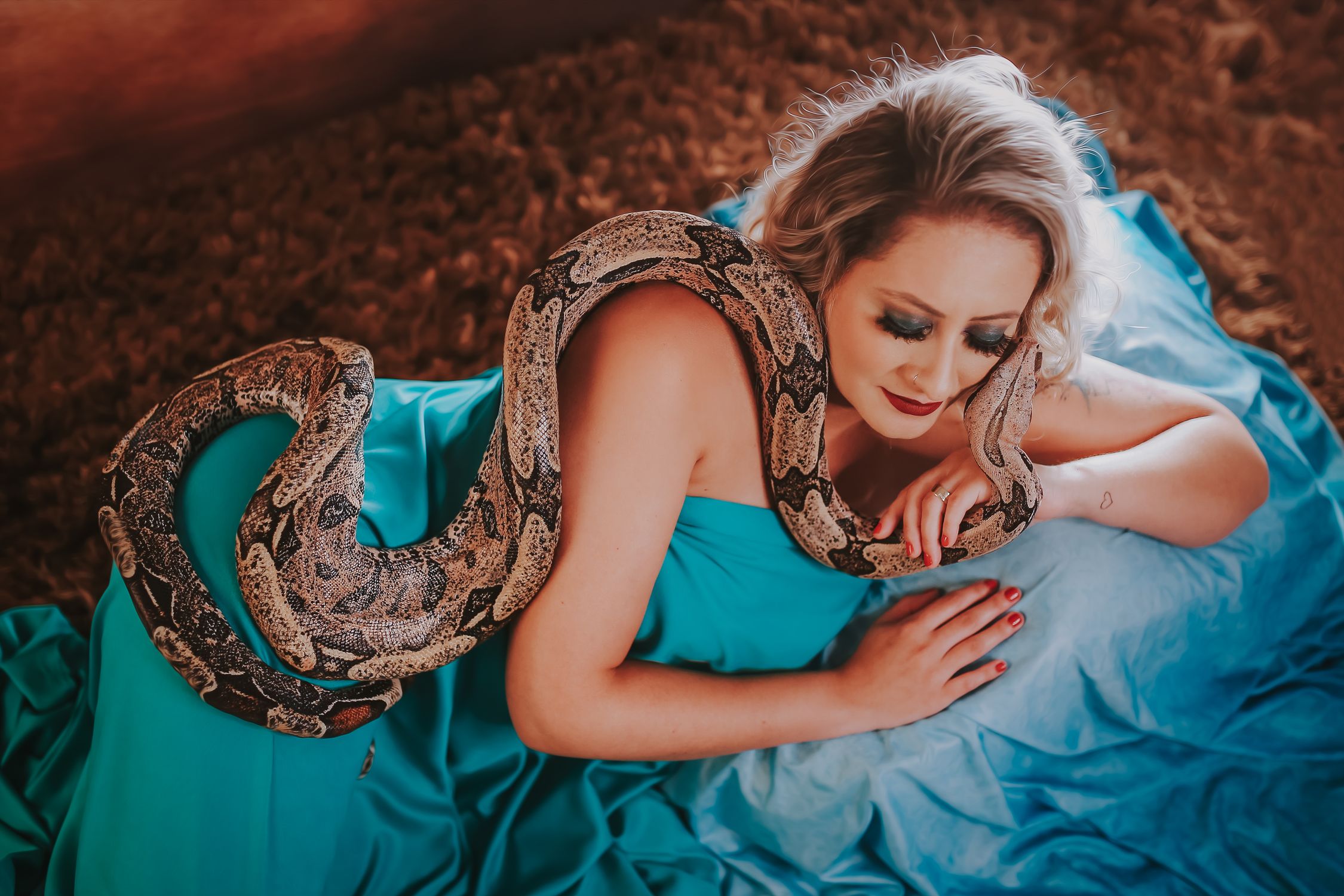 Python Woman Photo Editor Woman in a Blue Dress Posing with a Python · Free Stock Photo