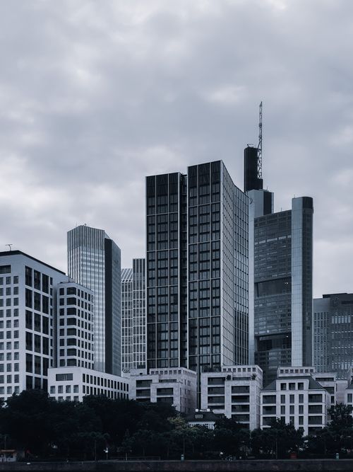 Free Black and white of various contemporary buildings and skyscrapers with glass facades located on modern city street against overcast sky Stock Photo