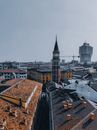 Picturesque scenery of bell tower of ancient San Gottardo in Corte church located on street near aged buildings in Milan