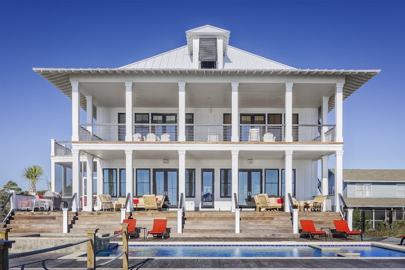 Rear view of modern home with pool