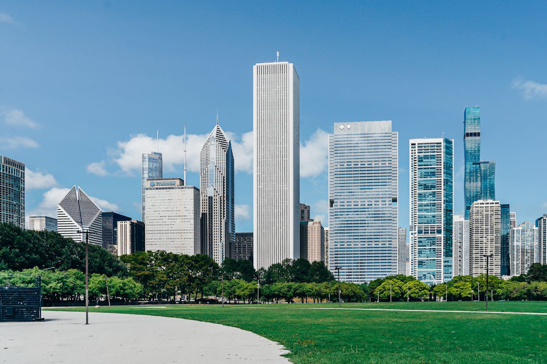 Free Modern city district with skyscrapers near green lawn Stock Photo