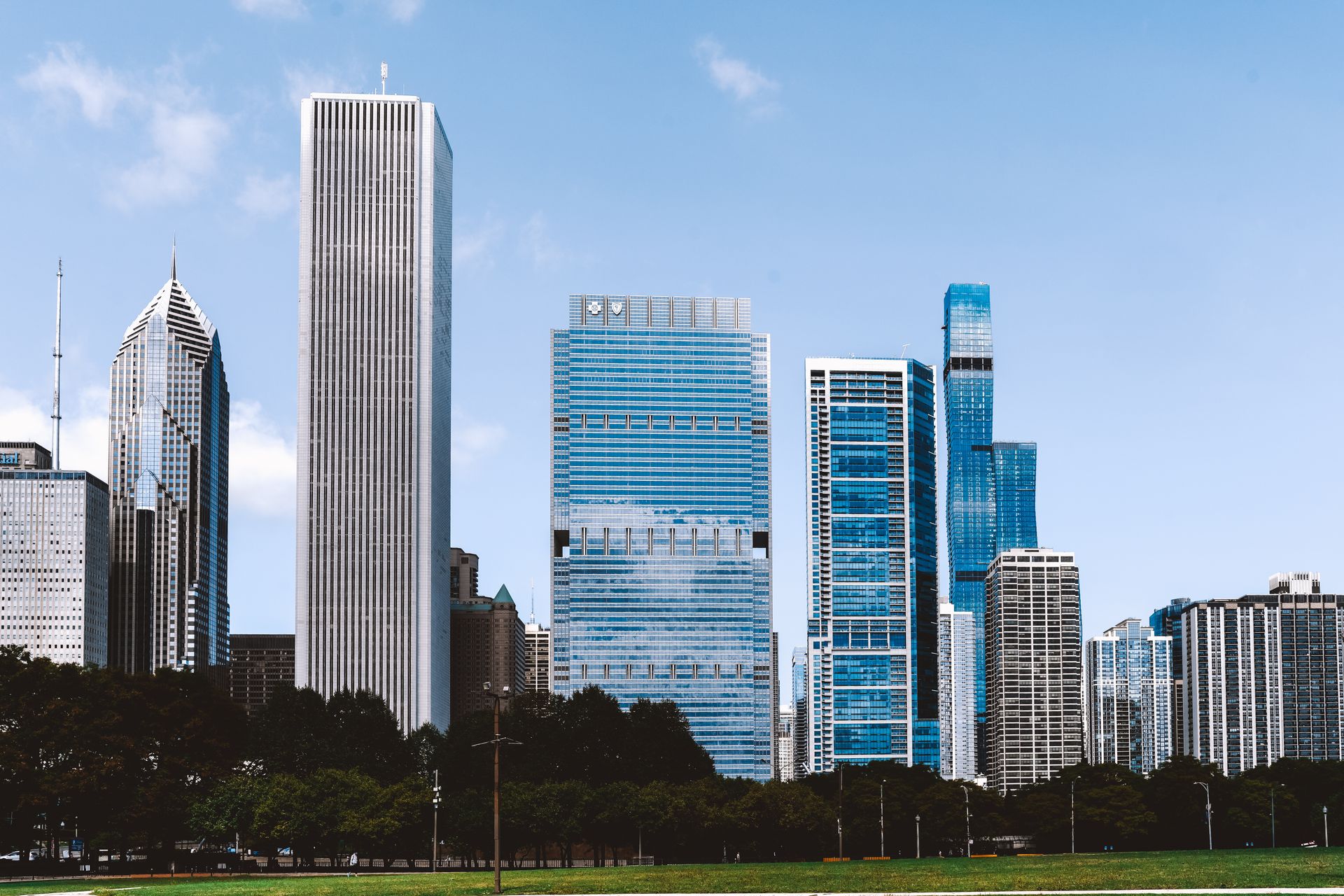 Panoramic view of Chicago skyscrapers on a clear day.