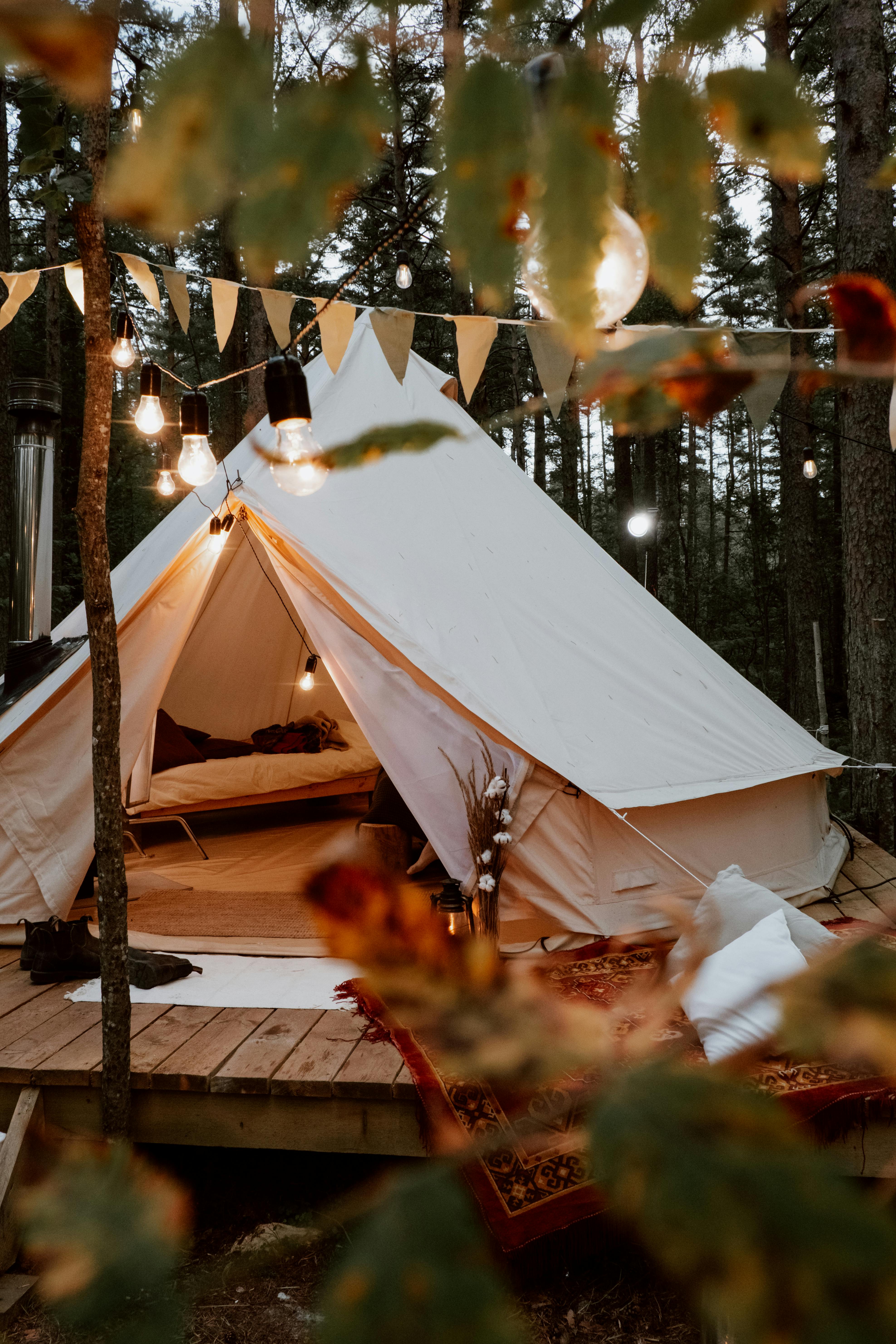 a luxurious tent on a campsite in a forest