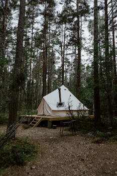 Cozy glamping tent set amidst a serene forest, ideal for relaxation and nature escape.