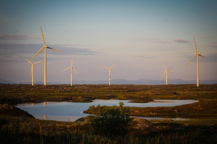 White Wind Turbines On Green Grass Field Near Body Of Water