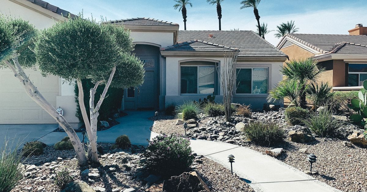 Stylish family home with xeriscape landscaping and palm trees under a bright sky.