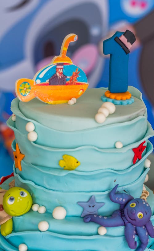Close-Up Shot of a Blue Birthday Cake