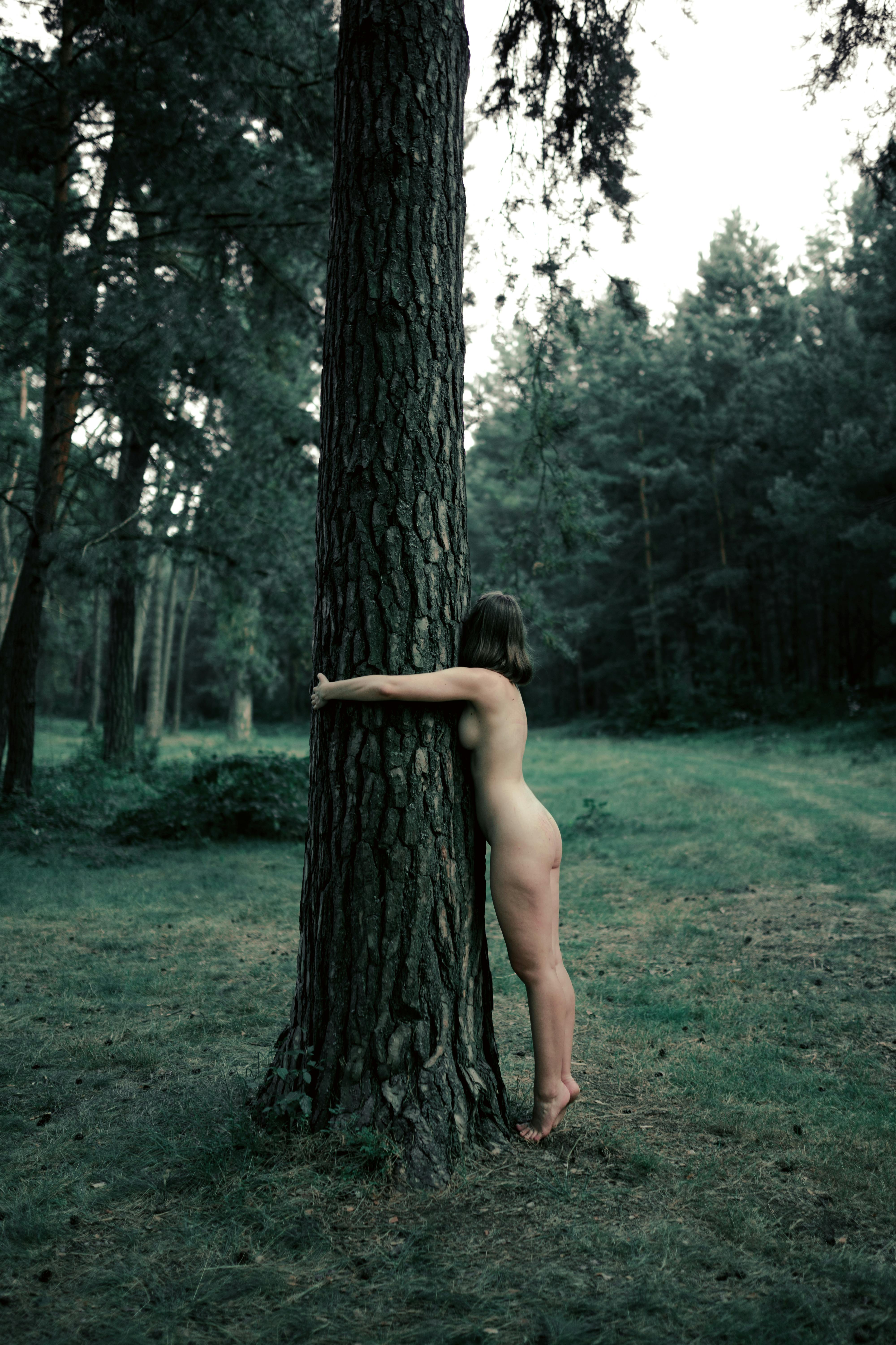 unrecognizable naked woman standing near tree