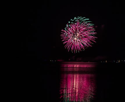 Mesmerizing fireworks illuminating the night sky with vibrant reflections on the water surface.