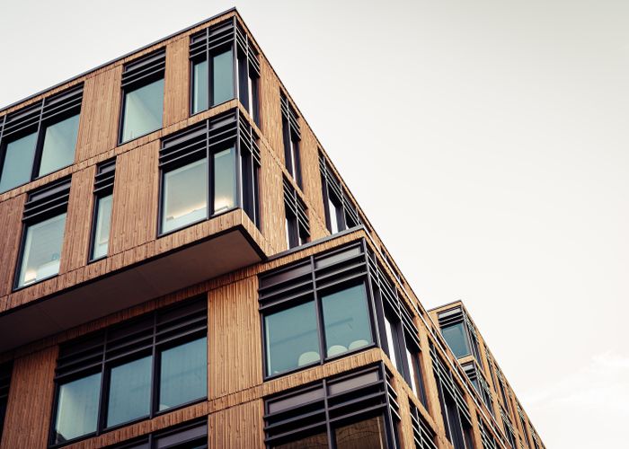 Modern commercial building with geometric facade