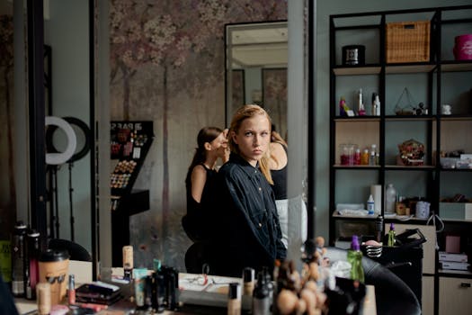 Woman in a salon surrounded by beauty products, reflecting in a mirror.