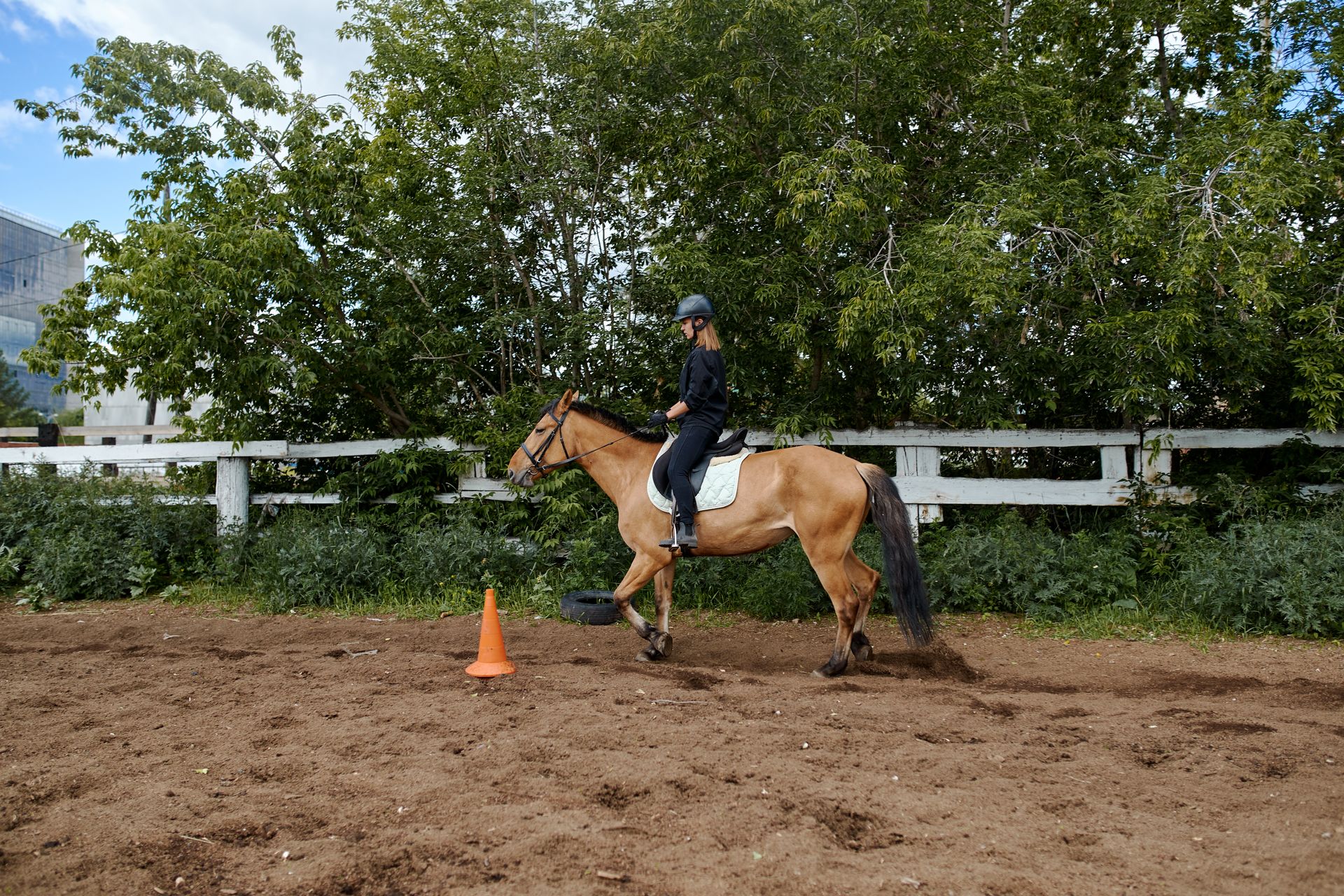Side view of anonymous female in protective helmet riding horse in paddock in countryside in daytime