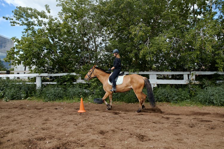 Female Riding Horseback On Ranch