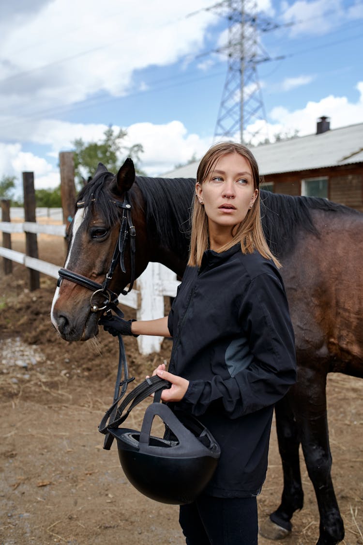 Woman With Dark Bay Horse In Paddock