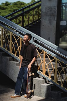 Young man with skateboard leaning against urban staircase in sunny outdoors, embodying carefree street style.