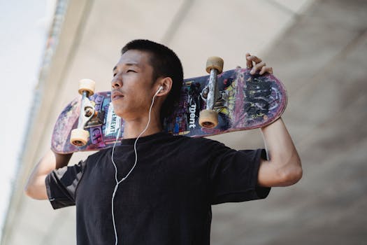 Young man with skateboard and earphones enjoying a sunny day outdoors, embodying urban lifestyle.
