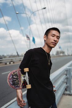 年轻的民族运动员拿着滑板，在多云的天空下，于城市道路附近注视着摄像机