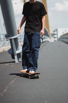 一名匿名滑板者在城市的一座桥上滑行，展现城市街头风格