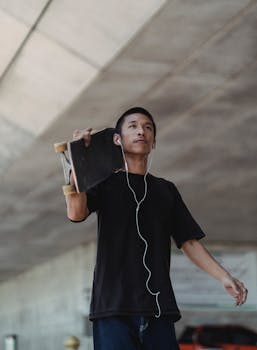 Asian man holding a skateboard and wearing earphones, enjoying leisure time outdoors.