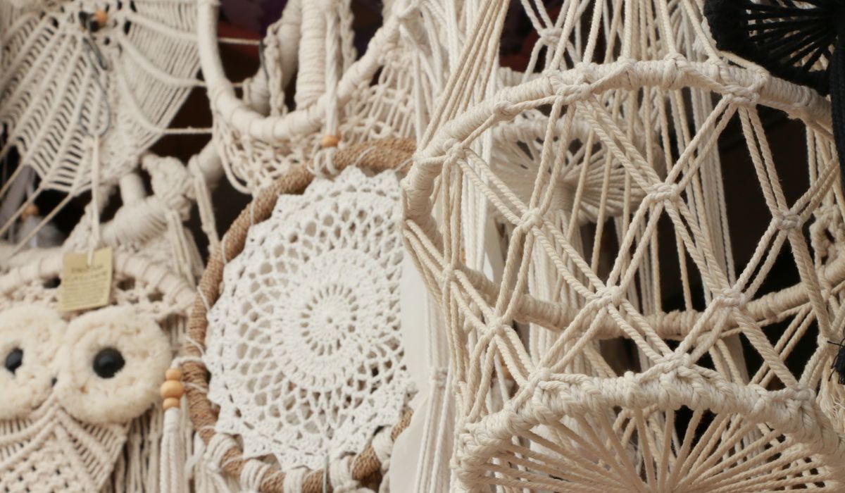 Close-up detail of intricate handmade macrame knotting showing pattern and texture