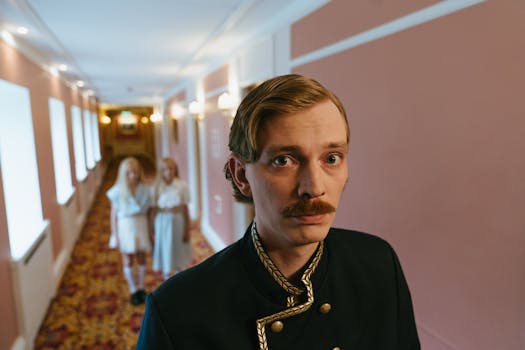 Concierge in ornate uniform stands in a luxurious hotel corridor with twin girls in the background.
