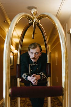 Bellboy with a mustache leaning on a hotel trolley in a hallway. Elegant and vintage style.